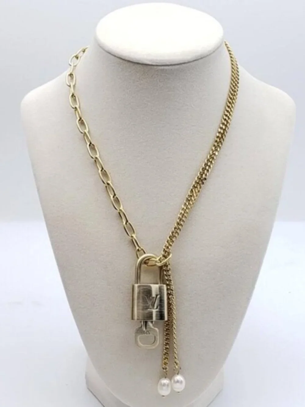 Stainless Steel Gold-Plated Necklace with Authentic Louis Vuitton Padlock